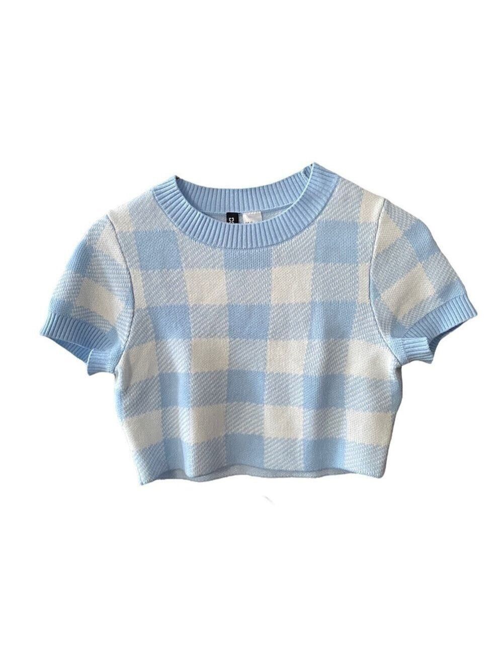 H&M White and Blue Checkered Knit Top XS NWOT